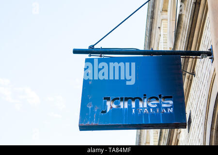 Cambridge Uk, 2019-05-22, Jamie's Italian reastaurant in Cambridge is one of 22 to be closed, All but three of Jamie Oliver’s 25 UK restaurants have closed, with the loss of 1,000 jobs, after the business called in administrators. The lights are left on but the doors are firmly locked, in the windows are printed signs as to who the administrators are for further information Stock Photo