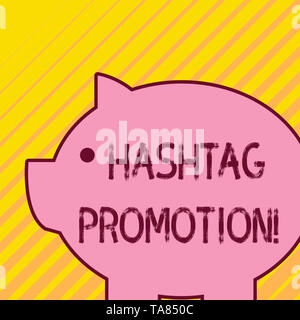 Writing note showing Hashtag Promotion. Business concept for more showing can discover and engage with your content Fat huge pink pig plump like piggy Stock Photo