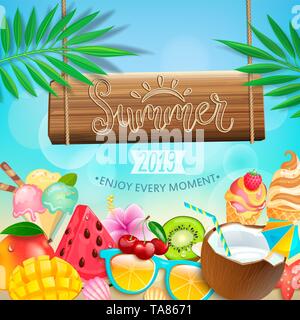 Summer 2019 greeting card on tropical background. Stock Vector