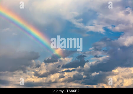 Rainbow in the spring cloudy sky after a thunderstorm and rain. Stock Photo