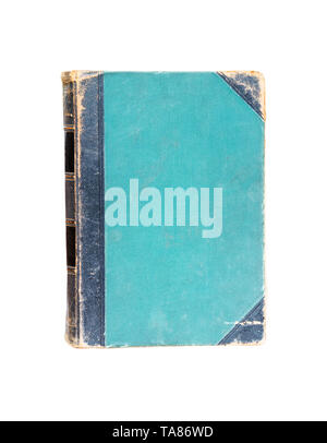 Ancient book in blue hardcover, isolated on white background, with space for text Stock Photo