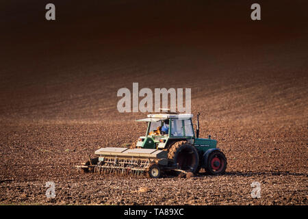 Farming, tractor ploughing an arable field, bright sun. Stock Photo
