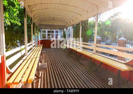 Samara, Russia - May 18, 2019: Inside of the retro tram vagon at the outdoors tram museum in Samara Stock Photo