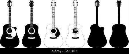 A set of acoustic classic guitars of lack on white background. String musical instruments. Cute flat cartoon style. Vector illustration Stock Vector