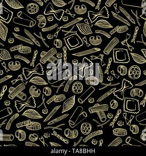 seamless pattern with italian macaroni of different kinds. light yellow coloured hand draw on black background. Vector illustration Stock Vector