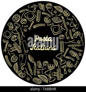 Round frame with italian macaroni of different kinds. light yellow coloured hand draw on black background. Vector illustration Stock Vector