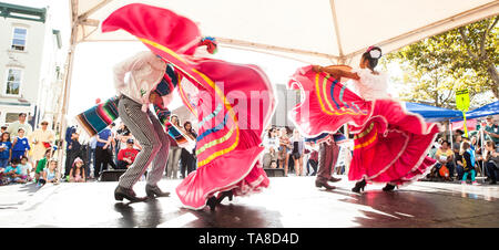 Group of Mexican Dancers in Traditional Costumes Performing on Stage at Folk Festival, 'One River, Many Streams' Folk Festival, Part of Spirit of Beacon Festival, Beacon, New York, USA Stock Photo