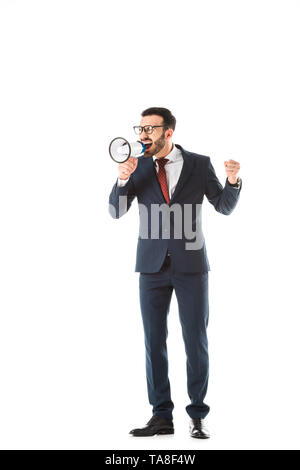 angry businessman screaming in megaphone and showing fist isolated on white Stock Photo