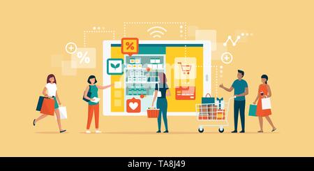 Happy people doing grocery shopping online and shopping smartphone app: technology, retail and communication concept Stock Vector