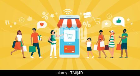 Happy multiethnic people shopping together on a shopping app and smartphone, online payments and e-shopping concept Stock Vector