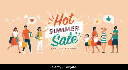 Hot summer sale promotional banner with happy people shopping together and carrying shopping bags Stock Vector