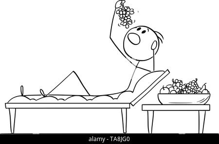 Vector cartoon stick figure drawing conceptual illustration of wealthy man or businessman lying on couch in roman or lucullan style and eating fruit or grapes. Stock Vector