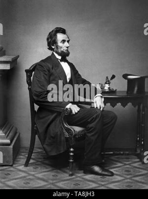 Full-Length Seated Portrait of U.S. President Abraham Lincoln, Photograph by Alexander Gardner, Washington DC, USA, 1861 Stock Photo