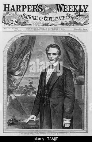Hon. Abraham Lincoln, Born in Kentucky, February 12, 1809 (Photographed by Brady), Cover of Harper's Weekly Magazine, November 10, 1860 Stock Photo