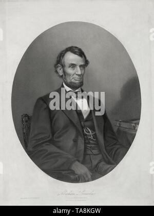 Half-Length Seated Portrait of Abraham Lincoln, Lithograph by Joseph E. Baker from a Photograph by  M.B. Brady & Co., Printed and Published by Bufford's Print Publishing House, Boston, Massachusetts, 1865 Stock Photo