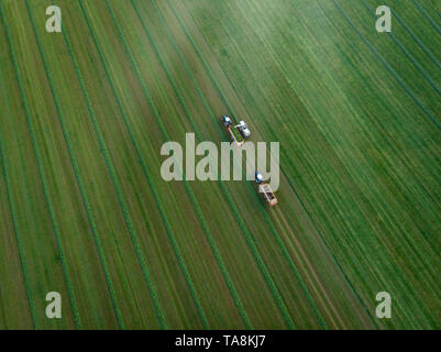 Aerial view of agriculture fiel with tractors harvesting hay in Germany Stock Photo
