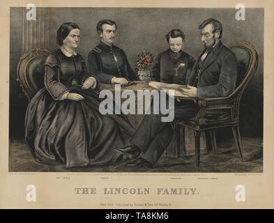 The Lincoln Family, from Left Mary Todd Lincoln, Robert Lincoln, Thomas Lincoln, Abraham Lincoln, Lithograph by Currier & Ives, 1867 Stock Photo