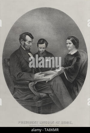 President Lincoln at Home, Reading the Scriptures to his Wife and Son, Currier & Ives, 1865 Stock Photo