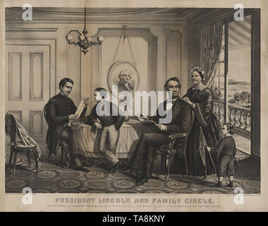 President Lincoln and Family Circle, from left Robert Lincoln, William Lincoln, Abraham Lincoln, Mary Todd Lincoln, Thomas Lincoln, Engraved by J.L. Giles, Published by Lyon & Co., 1867 Stock Photo