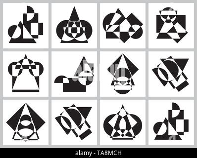 Abstract futuristic geometric figures, shapes of symmetry and asymmetry. Set of black and white pattern backgrounds. Stock Vector