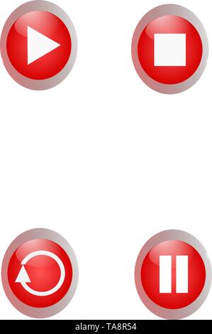 set red control panel buttons play, pause,replay and stop on a red shield for web vector Stock Vector