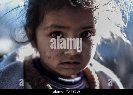 Kullu, Himachal Pradesh, India - January 17, 2019 : Portrait of Girl in mountain Himalayan people Stock Photo