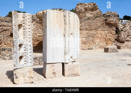 CARTHAGE, TUNISIA, AFRICA-CIRCA MAY, 2012: Ruins of bathhouses of Carthage, leftovers of columns. UNESCO world heritage. Tunisia, Africa Stock Photo