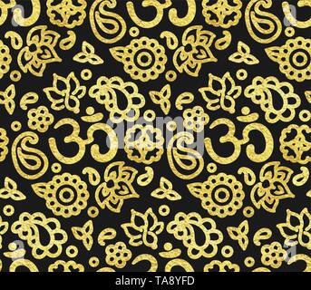 Seamless pattern with golden paint foil ink OM meditation ornament. Zen black background, hand drawn illustration. Stock Vector