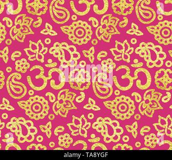 Seamless pattern with golden paint foil ink OM meditation ornament. Zen red pink background, hand drawn illustration. Stock Vector