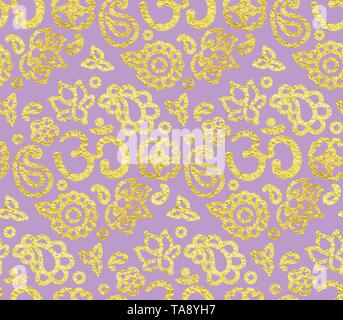 Seamless pattern with golden paint foil ink OM meditation ornament. Zen violet purple background, hand drawn illustration. Stock Vector