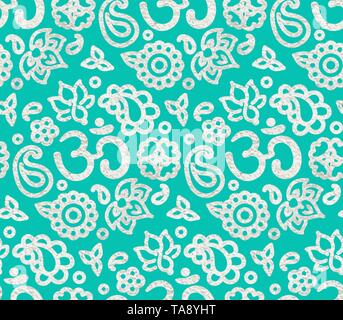 Seamless pattern with silver paint foil ink OM meditation ornament. Zen blue green background, hand drawn illustration. Stock Vector