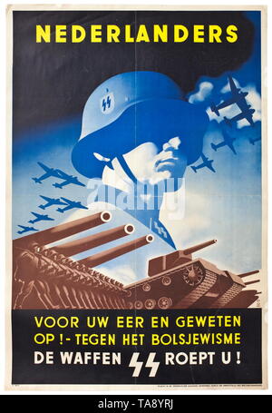 A Dutch propaganda poster advertising the Waffen-SS Farbiges Plakat mit Portraitkopf eines SS-Mannes mit Stahlhelm über Parade mit Soldaten, Panzern und Geschützen, im Himmel Geschwader der Luftwaffe, der Text in Gelb und Weiß 'Nederlanders voor uw eer en geweten op! - Tegen het Bolsjewisme de Waffen-SS roept u!', am Unterrand 'Plakat Nr. 61 - Öffentlicher Aushang genehmigt durch die Dienststelle des Reichskommissars'. Gefaltet, doubliert. Maße 88,5 x 60,5 cm. historic, historical, 20th century, 1930s, 1940s, Waffen-SS, armed division of the SS, armed service, armed service, Editorial-Use-Only Stock Photo