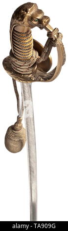 A Damascus sabre for officers of the imperial navy, in 'heavy' issue Slightly curved pipe-backed blade with exquisite Damascus steel pattern. Heavy, non-ferrous metal knuckle-bow hilt (remnants of gilding) with lion head pommel (one red, one green glass eye), indistinct anchor in relief on the folding guard plate, ivory grip, single wire winding. Silver sword knot with black and red interweaves. Black leather scabbard (re-lacquered, creased) with non-ferrous metal fittings (remnants of gilding). Signs of age and use. Length circa 97.5 cm. This st, Additional-Rights-Clearance-Info-Not-Available Stock Photo