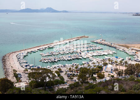 Port of Sidi Bou Said town with yachts and ships. Panorama of shore of the Mediterranean sea in Tunisia, the Africa Stock Photo