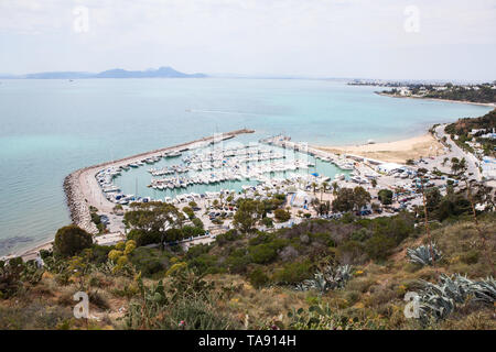 Port of Sidi Bou Said with yachts. Panorama of shore of the Mediterranean sea in Tunisia, Africa Stock Photo