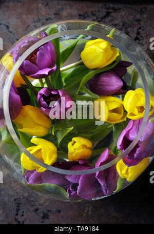 round glass bowl full of brightly colour flower blooms Stock Photo