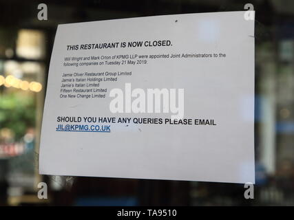Sign outside Jamies Italian in Covent Garden as Celebrity chef Jamie Oliver's restaurant group has gone into administration, with 1,000 jobs being lost. The group, which includes the Jamie's Italian chain, Barbecoa and Fifteen, has appointed KPMG as administrators. Twenty two of the 25 restaurants in Jamie Oliver's restaurant group have now closed Stock Photo