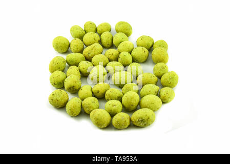 Peanut wasabi coat / Green peanut baked salt and wasabi for snack isolated on white background Stock Photo