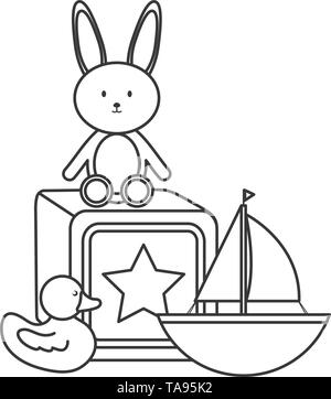 stuffed bunny and sailboat with block vector illustration design Stock Vector
