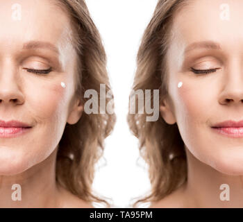 collage of mature woman with cosmetic cream on face before and after retouching Isolated On White Stock Photo
