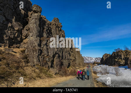 Almannagjá Gorge, a rift valley between the separating North American and Eurasian tectonic plates, in Þingvellir National Park, Iceland Stock Photo