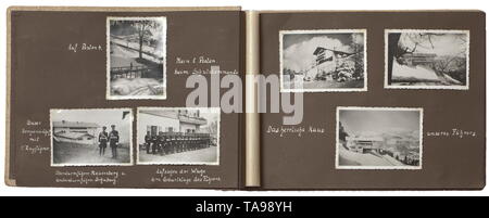 A photograph album of a member of the Leibstandarte - Obersalzberg Captioned photograph album with a total of circa 100 photographs of the SS member taken mainly around the Obersalzberg property. Depiction of '9th Sturm' as protection command at the arrival in Berchtesgaden, lining up in front of the Berghof, on guard in front of the Berghof, drive to the Berghof buildings and 'Haus Türken', the Führer welcoming visitors, SS enlisted men engaged in recreational activities, Göring's country house, official opening of the Berghof. The album cover with applied national eagle (, Editorial-Use-Only Stock Photo