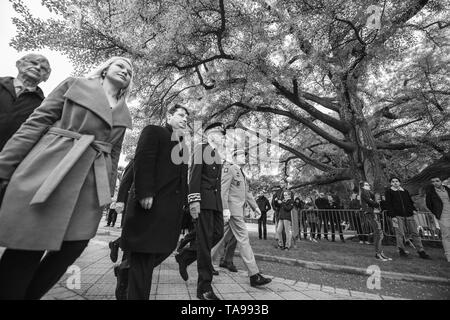 STRASBOURG, FRANCE - MAY 8, 2017: Mayor of Strasbourg Roland Ries and high ranked officials ar ceremony to mark Western allies World War Two victory Armistice - low angle view  Stock Photo