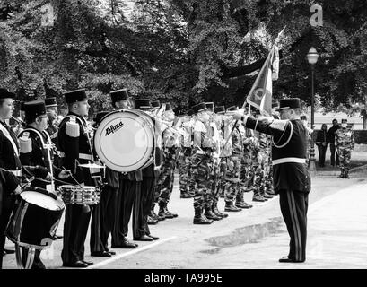 STRASBOURG, FRANCE - MAY 8, 2017: Military orchestra with male conductor at ceremony to mark Western allies World War Two victory Armistice in Europe marking the 72nd anniversary of victory Stock Photo