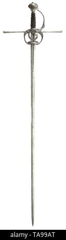 A French or Spanish long rapier, circa 1600 Heavy thrusting blade of flattened hexagonal section, the base with shallow fullers on both sides. The ricasso with two struck cross marks on both sides. Iron swept hilt with extended, straight quillons. Pierced guard plates, some of the bars with dragon head finials. Original, helically grooved grip with iron wire winding and Turk's heads. Pear-shaped, faceted pommel. Length 123.5 cm. historic, historical, sword, swords, weapons, arms, weapon, arm, fighting device, military, militaria, object, objects,, Additional-Rights-Clearance-Info-Not-Available Stock Photo