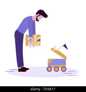 Vector illustration with man puts box in the delivery robot. Modern robotic express delivery service. Artificial intelligence. Design for websites, pr Stock Vector