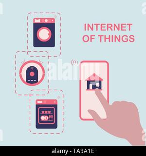 Person's hand operating smart home appliances with device. Remote control from the device of dishwasher, washing machine, robot vacuum cleaner. Using  Stock Vector