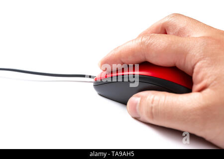 side view man using a red mouse on a blue background Stock Photo
