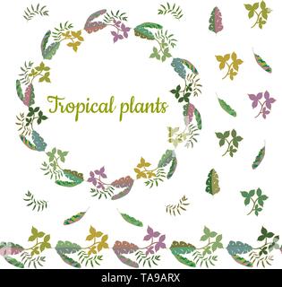 Colorful wreath made from different leaves of tropical plants. Endless horizontal brush. Seamless horizontal border. Vector hand drawing illustration. Stock Vector