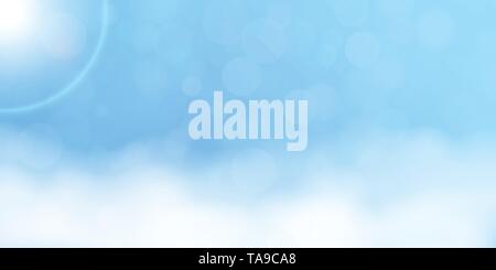 Blue sky over the clouds with sunshine, bokeh. Concept for weather, card, banner, coupon design. Stock Vector